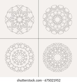 Black and white linear geometric ornaments. Vector set for coloring books, decorations, mandalas, ethnic and oriental design