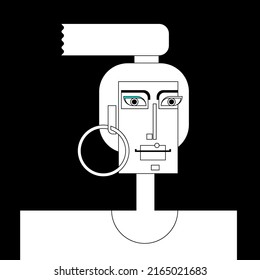 Black and white linear grotesque portrait of a person with a high tail and a large earring in his or her ear and a blue accent on the eyelid. Vector cartoon character on a black background.