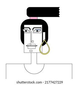 Black and white linear grotesque portrait of a person with a high tail and a large earring in his or her ear and a color accents on the eyelid, earrings and hair band. Vector cartoon character.