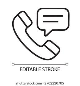 Black and white linear icon representing a telephone handset coupled with a message bubble.