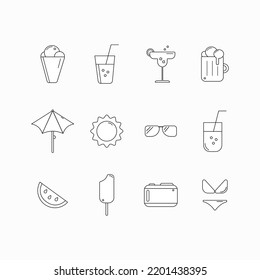 Black and white linear icons on the theme of summer. Icons beer, ice cream, swimsuit, glasses, camera, umbrella, watermelon. Holiday symbols for the Internet and print, highlighted on a white backgrou