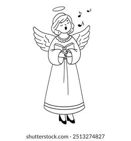 Black and white linear illustration with an angel. Christmas angel. An angel singing a Christmas song. Christmas doodle illustration.