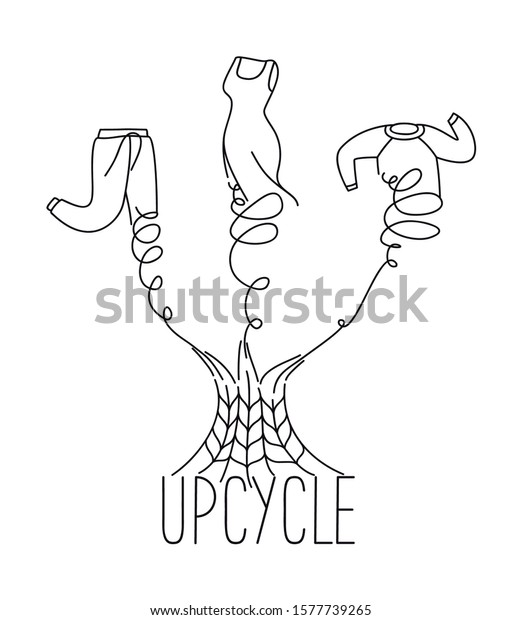 服をニットウエアにアップサイクルするコンセプトを Upcycleという言葉で表した 白黒のリニアイラスト 落書き ズボン スウェットシャツ ドレス のベクター画像素材 ロイヤリティフリー
