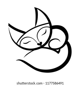 Black and white linear illustration of a cute sleeping fox. Vector stylized linear drawing. Fox logo.