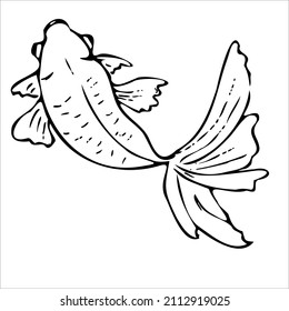 Black and white linear illustration depicting decorative fish,Japanese carp,rainbow trout,crucian carp,goldfish ,coloring book for children and adults,line art wall art,posters,shaft art,stained glass