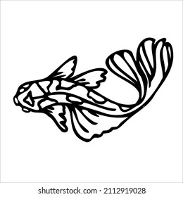 Black and white linear illustration depicting decorative fish,Japanese carp,rainbow trout,crucian carp,goldfish ,coloring book for children and adults,line art wall art,posters,shaft art,stained glass