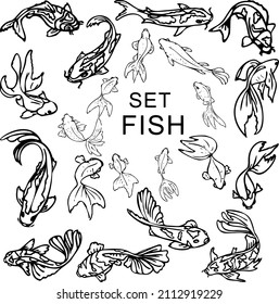 Black and white linear illustration depicting decorative fish,Japanese carp,rainbow trout,crucian carp,goldfish ,coloring book for children and adults,line art wall art,posters,shaft art,stained glass