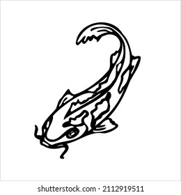 Black and white linear illustration depicting decorative fish,Japanese carp,rainbow trout,crucian carp,goldfish ,coloring book for children and adults,line art wall art,posters,shaft art,stained glass