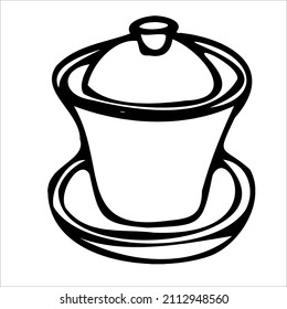 Black and white linear illustration depicting Japanese tea objects, fans,umbrellas,lanterns,coloring book for children and adults,line art wall art,posters,shaft art,stained glass style,abstraction,ve