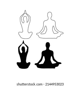 Ilustración lineal en blanco y negro de una mujer elegante en la silueta de pose de yoga