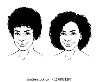 Black and white linear illustration of the face of a girl with curly short hair. Beautiful African American girl is smiling. Portrait of a happy young woman in sketch style isolated from background