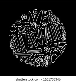 Black and white linear illustration of Hawaii. Round pattern with the main symbols of Hawaii, isolated elements. Can be used as a sticker,  prints for t-shirts and cups, cards, posters.