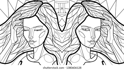 black and white linear illustration with the image of a girl, the personification of the zodiac sign. Style Stained Glass