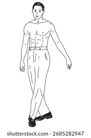 Una ilustración lineal en blanco y negro Un joven sin camisa camina mostrando su cuerpo musculoso.