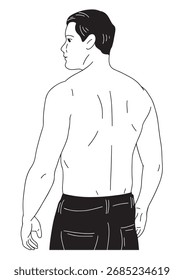  Una ilustración lineal en blanco y negro Un joven se para desnudo desde arriba, con la espalda vuelta, mostrando sus hermosos músculos.