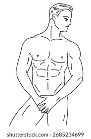 Eine lineare Schwarz-Weiß-Illustration Ein junger Mann steht nackt mit den Händen, die seinen Schritt bedecken, und zeigt seine schönen Muskeln.