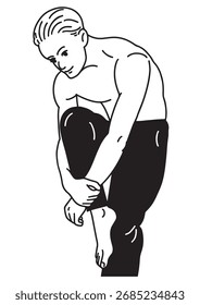 A black and white linear illustration A young man stands in a pose with one knee raised.