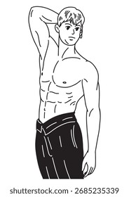Una ilustración lineal en blanco y negro Un joven se para con la parte superior del cuerpo desnudo, un brazo levantado, mostrando sus hermosos músculos.