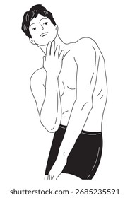 Una ilustración lineal en blanco y negro Un joven se para desnudo desde arriba, mostrando sus hermosos músculos.