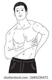 Una ilustración lineal en blanco y negro Un joven se para desnudo desde arriba, mostrando sus hermosos músculos.