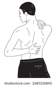Eine schwarz-weiße lineare Illustration Ein junger Mann zieht sein Hemd aus und steht mit gedrehtem Rücken und zeigt seine schönen Muskeln.