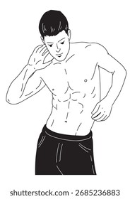 Una ilustración lineal en blanco y negro Un joven se para desnudo desde arriba, mostrando sus hermosos músculos.