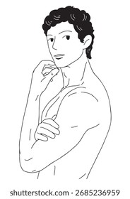 Una ilustración lineal en blanco y negro Un joven se para desnudo desde arriba, mostrando sus hermosos músculos.