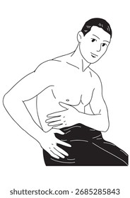  Una ilustración lineal en blanco y negro Un joven se para desnudo desde arriba, mostrando sus hermosos músculos.