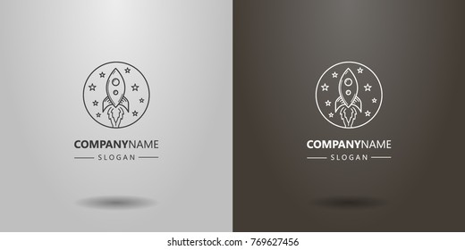 black and white linear logo of a flying rocket and stars in a round frame