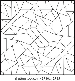 Fondo de mosaico lineal en blanco y negro con polígonos geométricos aleatorios. Textura de estilo vidriera con líneas irregulares y fragmentos. Arte abstracto contemporáneo para decoración de paredes o impresión textil. Diseño de cuadrícula arquitectónica minimalista. Ilustración de efecto de vidrio roto.