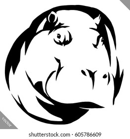black and white linear paint draw Hippo vector illustration
