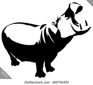 black and white linear paint draw Hippo vector illustration