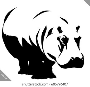 black and white linear paint draw Hippo vector illustration