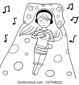 Black and white linear picture. A cute young girl is listening to music in headphones and singing with closed eyes. Vector illustration pattern for coloring book. Cartoon. Baby sleeping in bed.