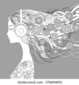 Black and white linear picture on gray background. Girl half-face with loose hair and abstract elements listen to music with head-phones. Vector illustration pattern for coloring book