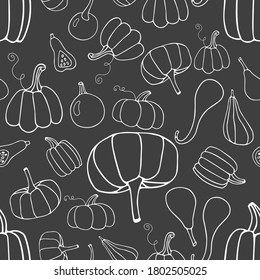 Black white Linear Pumpkin seamless pattern, hand drawn sketch on dark background. Halloween cartoon. For wrapping paper, street festival, farmers market, country fair, shop, menu, cafe, restaurant.