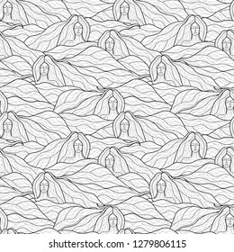 black and white linear seamless pattern with the image of the girl's torso with long hair, fabulous illustration, mermaid. for decorative fabrics, Wallpaper, and other design