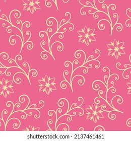 Black and white linear seamless pattern with plant and floral elements for design and coloring books. 