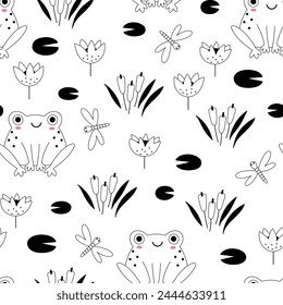 Patrón lineal sin fisuras en blanco y negro con ranas en un estanque. Animales lindos con nenúfares, cañas y otras plantas. Perfecto para Fondo de pantalla, papel de embalaje, tela o textil.