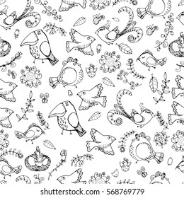 black and white linear seamless pattern with lots of funny cartoon birds, small flowers and plants. Natural background for packaging, wrappers, textiles, Wallpaper