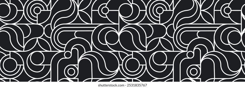 Black and white linear seamless pattern.Geometric background with circles, arcs and arches.Texture for printing on fabric and paper.Vector graphic design for use in wallpaper,cover,textile,backdrop.