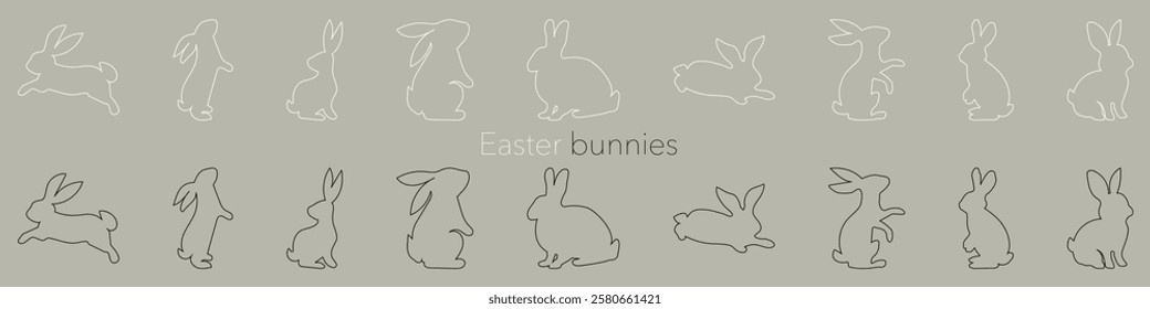 Black and white linear silhouettes of Easter bunnies. Set of different rabbits silhouettes. Cutie bunnies. Vector. EPS 10