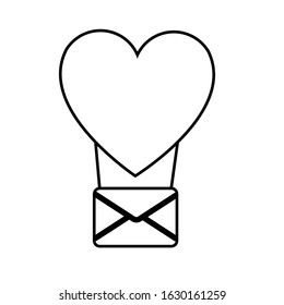 Black and white linear simple icon of a beautiful balloon heart with an envelope for the holiday of love Valentine's Day or March 8. Vector illustration.