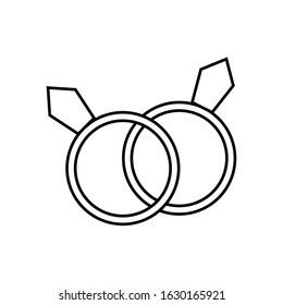 Black and white linear simple icon of two rings with diamonds for a wedding or engagement for the feast of love Valentine's Day or March 8th. Vector illustration.