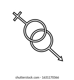 Black and white linear simple icon beautiful symbols of the astronomical man and woman of Mars and Venus for the feast of love on Valentine's Day or March 8. Vector illustration.