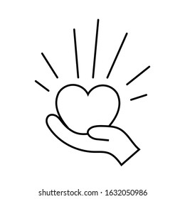 Black and white linear simple icon of a beautiful heart in hands for the holiday of love on Valentine's Day or March 8. Vector illustration