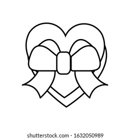 Black and white linear simple icon of a beautiful gift box in the form of a heart with a bow and a ribbon for the holiday of love Valentine's Day or March 8. Vector illustration