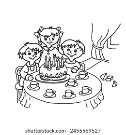 Esbozo lineal en blanco y negro dibujado a mano. Los niños comen pastel, juegan y se sientan a la mesa.