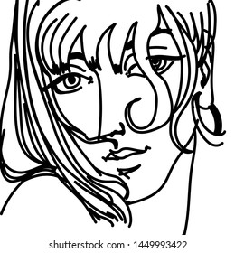 black and white linear sketch of a female head