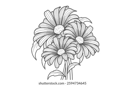 Black and white linear vector drawing. Beautiful bouquet with daisies, asters, marguerites.